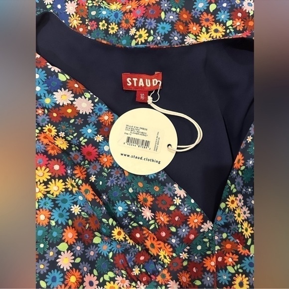 STAUD Milla Floral-Print Crêpe de Chine Short Puff Sleeve V Neck Mini Dress NEW - Picture 8 of 12